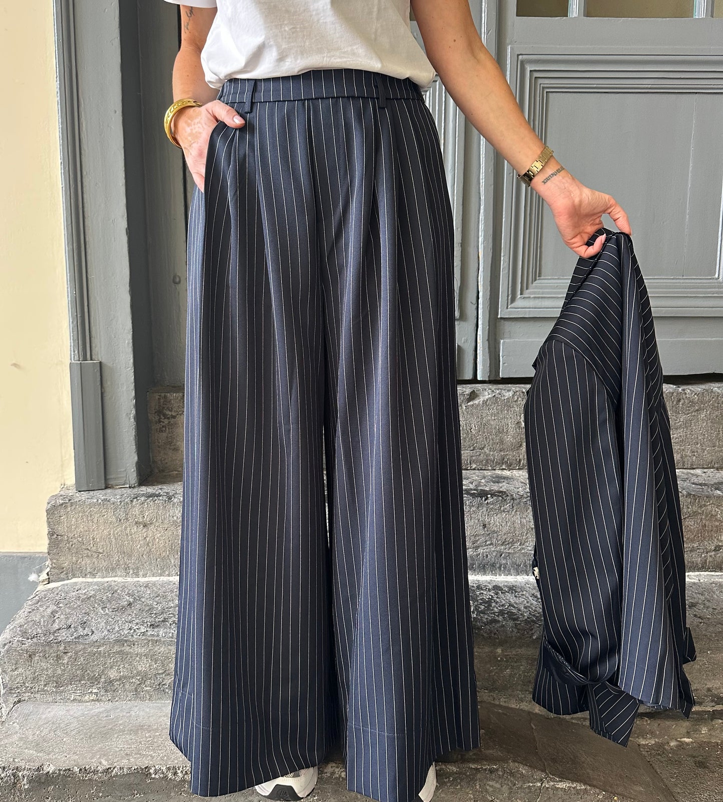 Pantalon large DAVE Bleu marine/Blanc