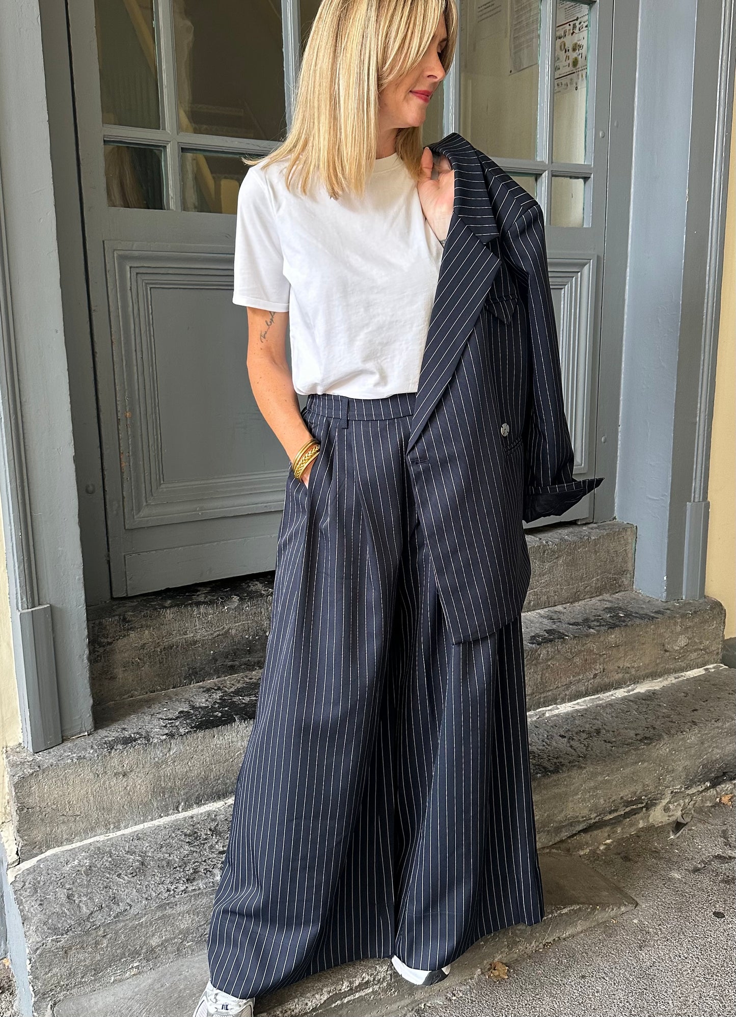 Pantalon large DAVE Bleu marine/Blanc