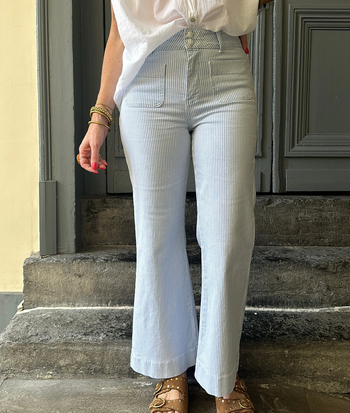 Jean flare ELENETTE Rayé bleu/blanc ORAIJE