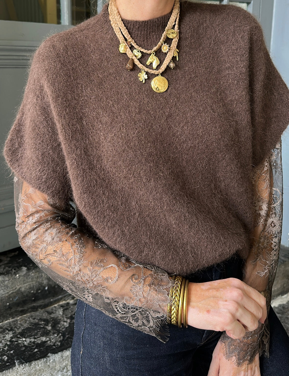 Top en dentelle GILDA Marron/ Taupe