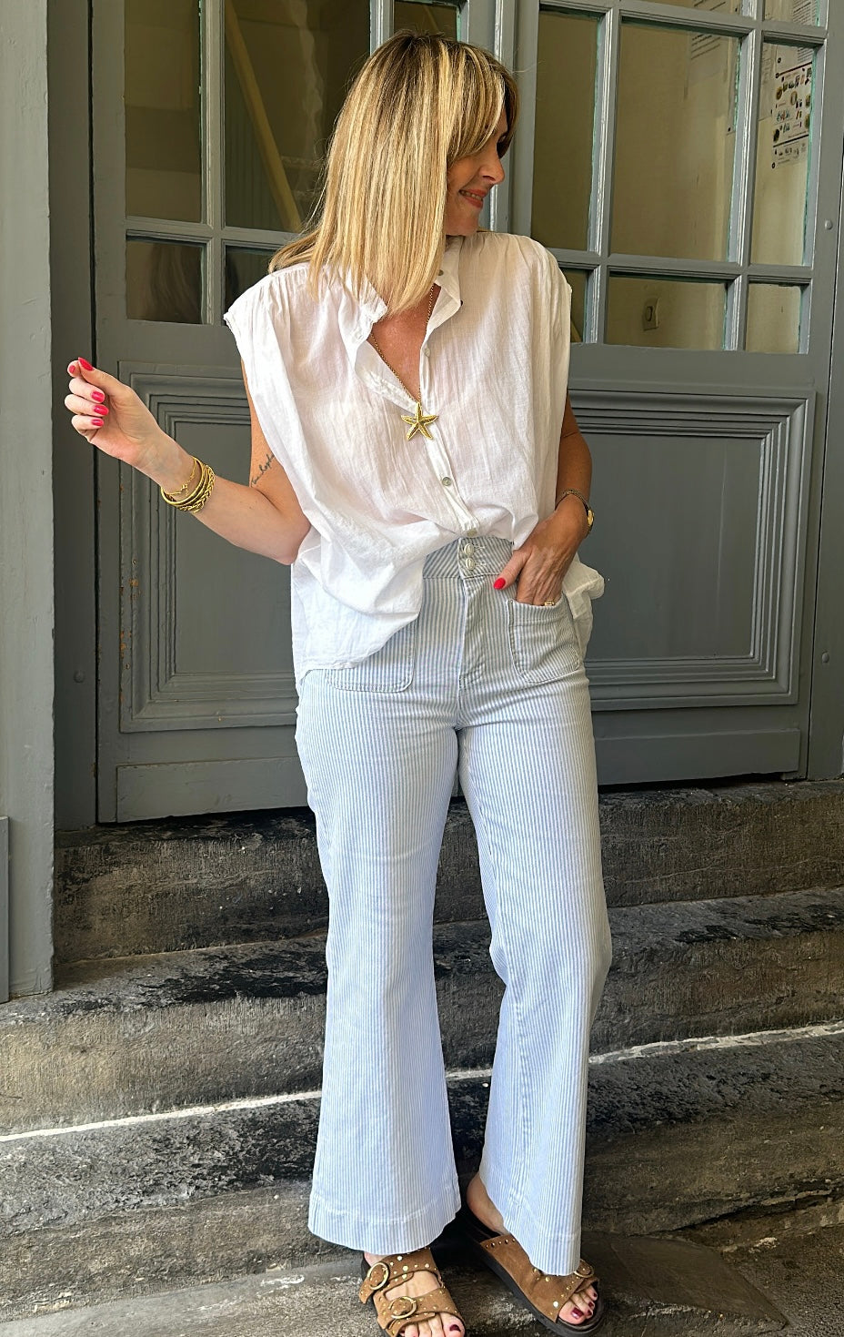 Jean flare ELENETTE Rayé bleu/blanc ORAIJE