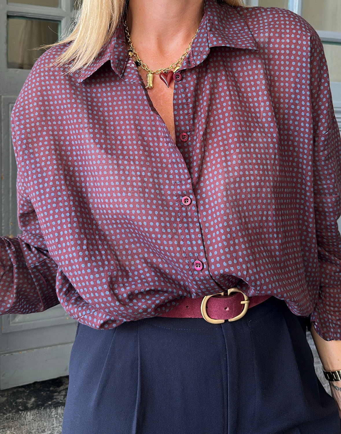 Chemise EVY Pois Bordeaux/bleu gris