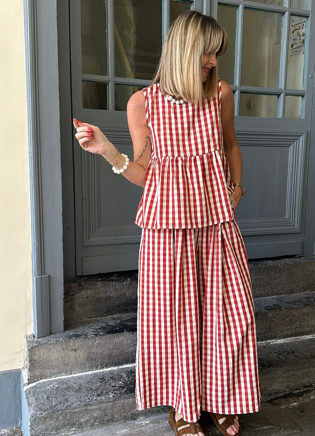 Pantalon ESTER Rouge/Ecru
