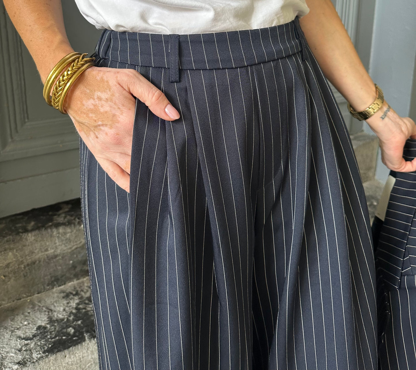 Pantalon large DAVE Bleu marine/Blanc