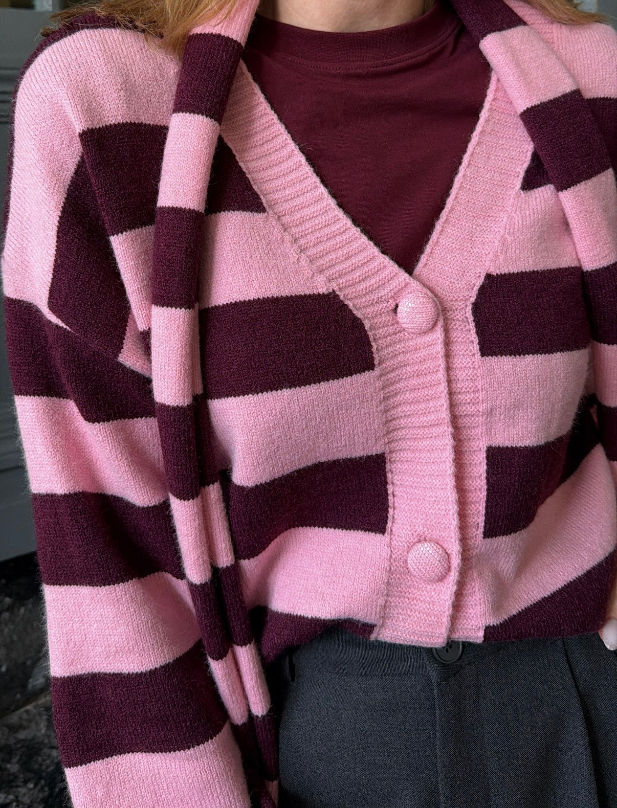 Cardigan ÉLISA Rose clair/Bordeaux avec écharpe