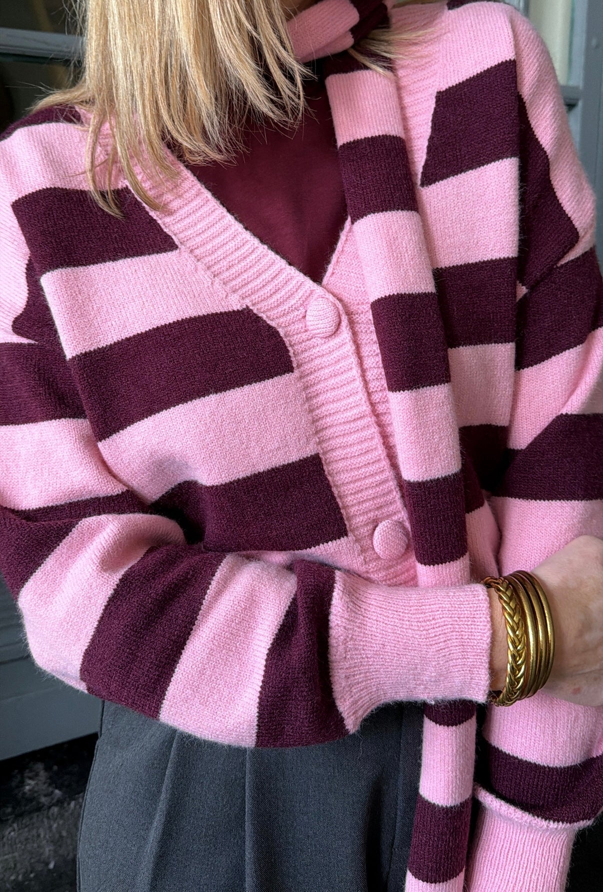 Cardigan ÉLISA Rose clair/Bordeaux avec écharpe