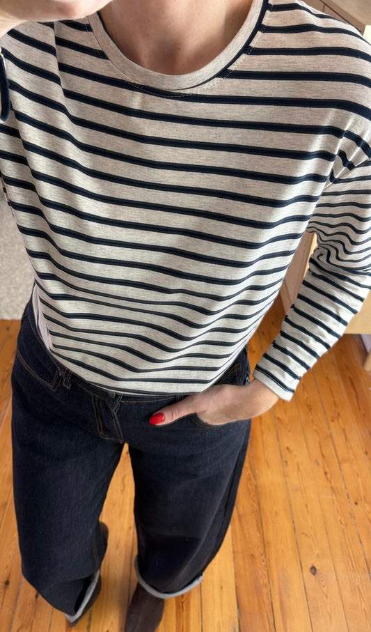 Top SYBILLE Gris beige chiné /Bleu marine